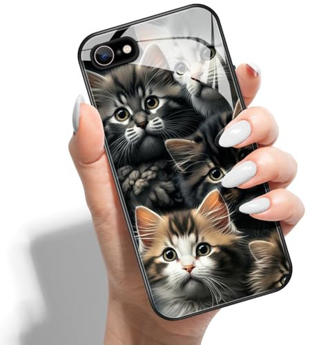Hülle für iPhone SE (2022) / SE 2020/8 / 7 Handyhülle HD Glas PC Hardcase Drucken Rückseite mit Silikon Schutzhülle Case Cover - Katzen