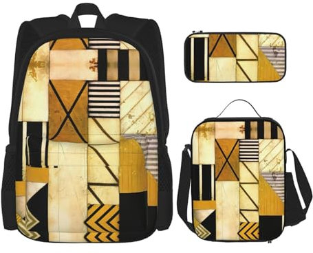 Mochila rústica con estampado de madera moderna, lonchera y estuche para lápices, juego de mochila ajustable 3 en 1, color negro, talla única, Black, Talla única
