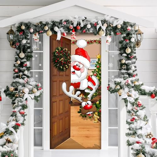 Copertura con Babbo Natale per Porta, 90x200cm Copriporta Natalizio, Decorazione Banner di Sfondo per Porte, Pareti, Decorazioni Natalizie