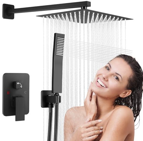 Thermostatic Shower Mixer Set, Chrome Shower Set Concealed Shower System, 10” Luxury Rain Shower Mixer Combo Set, Built-in Shower Kit, Air Injection Technology, Stainless Steel and Brass Accessories