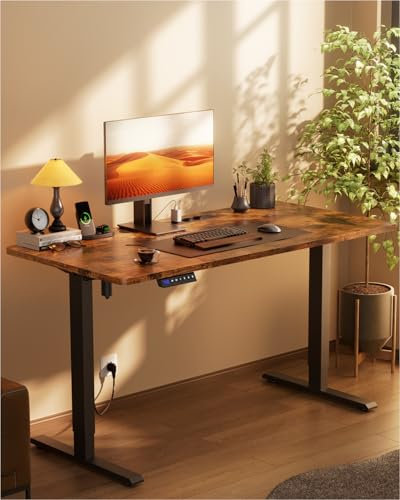 HLONONE Höhenverstellbarer Schreibtisch mit USB-Ladeanschluss und Steckdose, 120 × 60 cm Elektrischer Schreibtisch, Verstellbarer Computertisch mit 3-Funktions-Memory, Braun