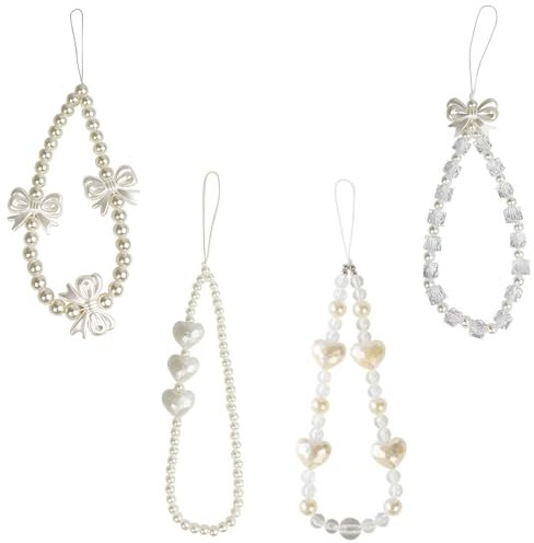PEVRUAY Lot de 4 Dragonne de Téléphone en Perles, Bijoux De Telephone, Chaine Telephone Portable, Chaine De Telephone, Dragonne de Téléphone Portable Perlée pour Femmes Filles (Blanc)