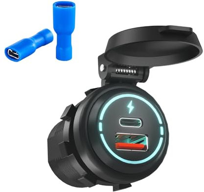 ALLWSLucky Prise USB 12V, QC3.0 18W & PD 30W Chargeur USB pour Moto, Prise US B Voiture IP67, Moto USBC pour Caravane SUV Marin Bateau 12V