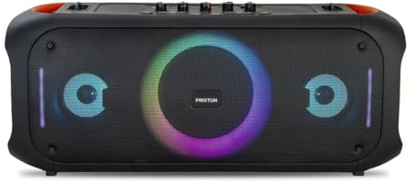 PRIXTON Tragbarer Lautsprecher Jaia Max mit Bluetooth/USB/AUX/TF/FM, Leistung 75 W, Autonomie 10h, Echo-, BASS- und TREBE-Effekte, Voice-Cut-Funktion, mit Mikrofon, 5 LED-Lichteffekte, Schwarz