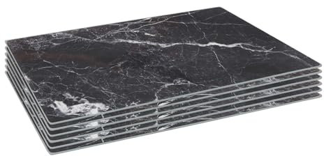 Harbour Housewares Rectangle Glass Placemats - 40cm x 30cm - Black Marble - 6x Tempered Heat-Resistant Non-Slip Rectangle Indoor Outdoor Home Kitchen Dining Table Dinner Plate Place Mat Mats Set