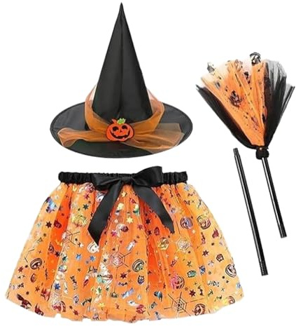 GLEEMEN Hexenkostüm Mädchen, Hexe Kostüm Kinder, Faschingskostüme, Zubehör Hexenhut, Hexen Besen Tütü Rock, Hexen Verkleidung Set für Halloween Karneval (B)