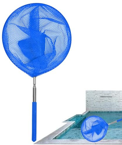 Pool Skimmer Net with Telescopic Pole, Stainless Steel Fine Mesh Leaf Skimmer for Hot Tubs, Deep Basket Handheld Pool Cleaner, Durable Outdoor Swimming Pool Maintenance Tool, Children's Fishing Net