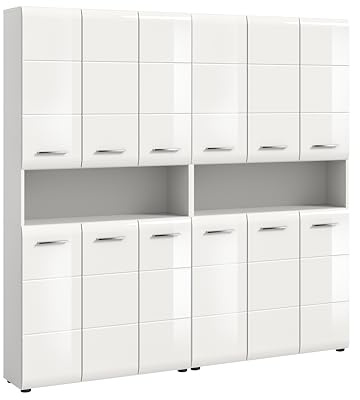 xonox.home – 2 TLG. Badmöbel Kombination Ice 180x185x30 cm in Korpus weiß Nachbildung und Front weiß Hochglanz – Platzsparendes Badezimmermöbel-Set in modernem Hochglanz-Look