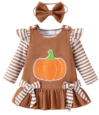 LUVCES Abbigliamento Bambina Set di Gonne di Halloween Maniche Lunghe con Pois Tutina Top +Simpatica Zucca Vestito con Bretelle Abiti Autunnali Completo 3Pcs Zucca marrone 12-18 Mesi