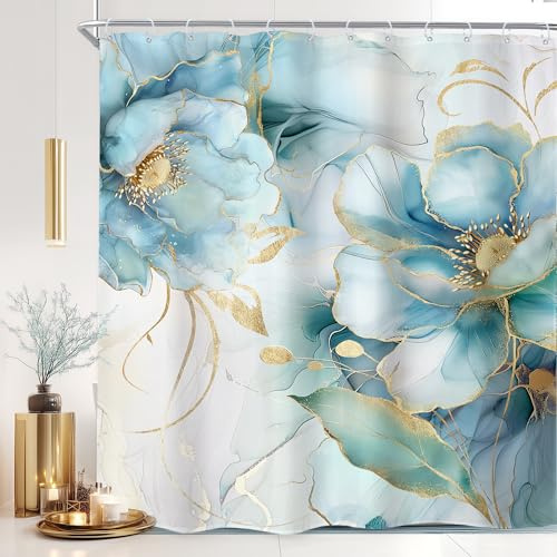 Newsely mamorierter Duschvorhang mit abstraktem Blumenmuster, luxuriöser Tintenstruktur, minimalistisches Badezimmer-Set. Elegante, wasserfeste Badezimmerdeko und Wohnaccessoires, ca. 152 x 183