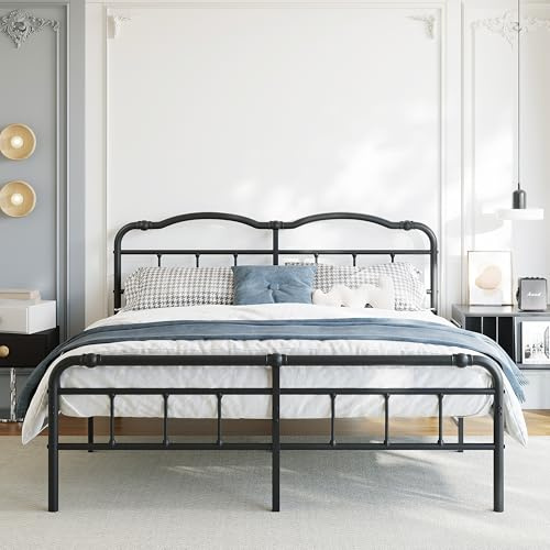 BOSRII 18 Inch Queen Size Metal Bed Frame with Headboard and Footboard Heavy Duty Platform Bed Vintage Iron Wrought Frames Steel Slats, Easy Assembly, No Box Spring Needed, Noise Free, Black