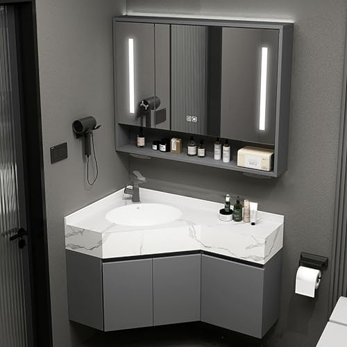 ZKBDBWTR Lavabo esquinero con armario de madera maciza y lavabo de cerámica – Ahorro de espacio para baño gris con armario para baños privados y de hotel (50 x 80 cm/19 x 31)