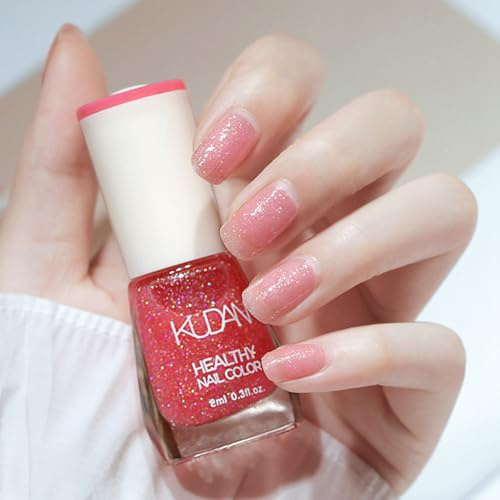 Pink Glitter Nail Polish, Quick Dry Sparkle Nail Varnish, No UV Lamp Required, Long Lasting Holographic Shimmer, Non-Toxic High Gloss Healthy Colour for Women Girls, 8ml