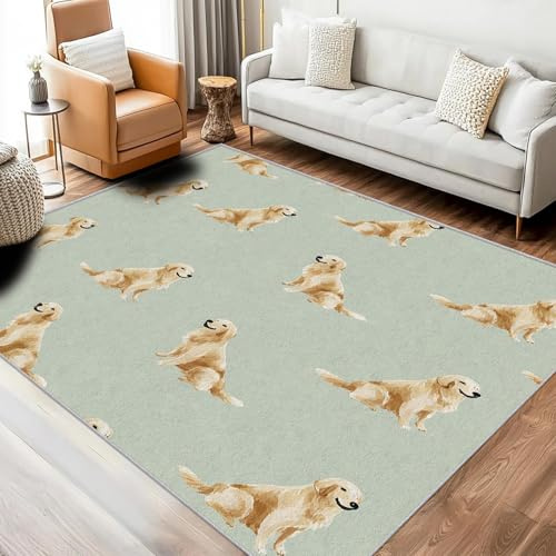 UUZEAI Golden Retriever Teppich 60x90 cm, waschbar, hellgrünes Hundemotiv, weicher, dünner, Rutschfester Teppich für Wohn- und Schlafzimmer