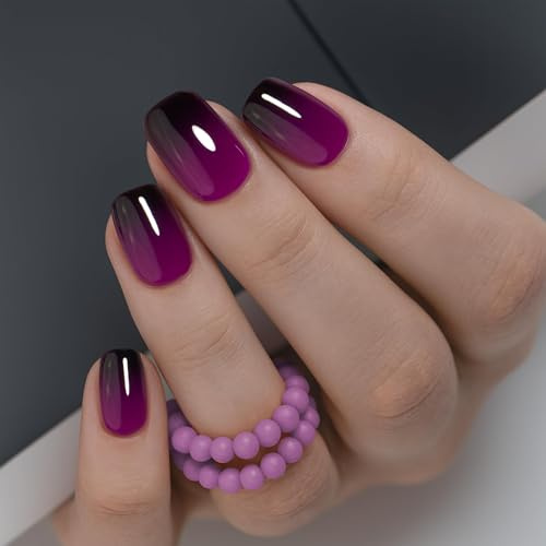 Curvlife Press on Nails 30pcs Fake Grayish Purple Acrylic Nails with Short Design Full Cover, Reusable Nail Kit with Nail Glue Adhesive Tabs
