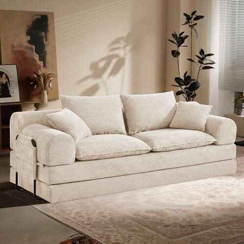 Vipbear Schlafsofa 201cm Breit, Boneless Couch mit Schlaffunktion Cord Sofa | 5-in-1 Bodensofa, 3 Sitzer Boneless Schlafcouch, Cloud Modulares Sofa Bed für Wohnzimmer Schlafzimmer Lounge Weiß