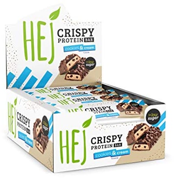 HEJ Crispy Proteinriegel Snack – Low Sugar Eiweißriegel | 14g Protein & 170kcal pro Riegel | Vegetarisch & ohne Palmöl – 12x45g Cookies & Cream
