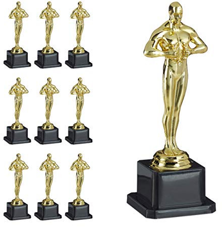 Relaxdays 10 x Siegerfigur, quadratischer Sockel, Figur mit Kranz, Siegertrophäe, Hollywood, Geschenkidee, 18,5 cm groß, Gold