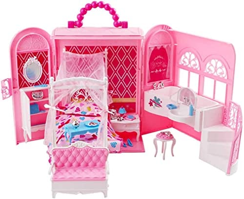 deAO Puppenhaus, Rosa Tragetasche Puppenhaus Klappbar M?Bel Familie Spielzeug mit Schlafzimmer Bad, Tragbar Puppenhaus ca. 46 cm hoch mit Tragegriff (Puppe Nicht enthalten)