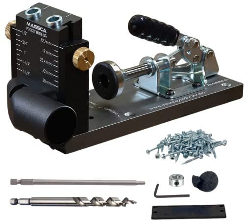 Massca Pocket Hole Jig Kit M1 - Adjustable & Easy to Use Pocket Screw Jig - Heavy Duty Drill Jig for Angled Holes with Drill Bit, Pocket Self Tapping Screws &Driver Bit,