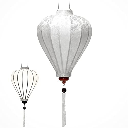 Asiatischer Lampion aus Seide, weiß, M Ø 29 cm – traditionelle Laterne aus Stoff, Bambus und Holz, handgefertigt – Handwerk und Dekoration aus Vietnam (M20-B)