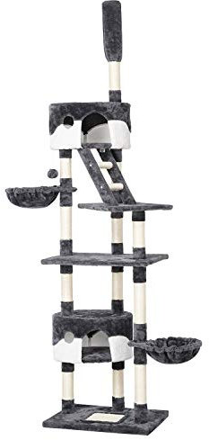 Yaheetech Floor to Ceiling Cat Tree, 228-255cm Height Adjustable Tall Tower for Indoor Cats, Scratching Post with Condos Baskets and Ladder