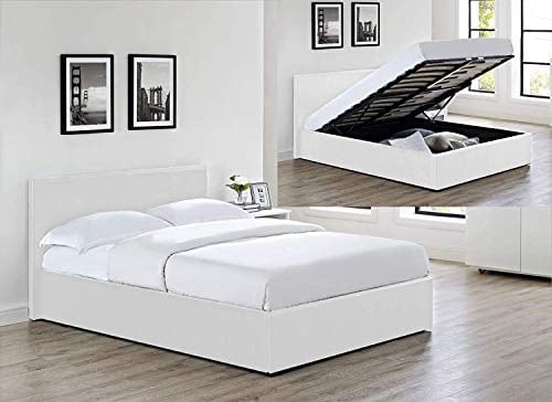 MODERNIQUE® Bilancio Ottoman Storage White Faux_Leather Double Sized (4FT6) Bounce Sprung Slats Base, Gas Lift up End Up Fabric Covered Floor Massive Storage Bed (White, Double (4FT6)