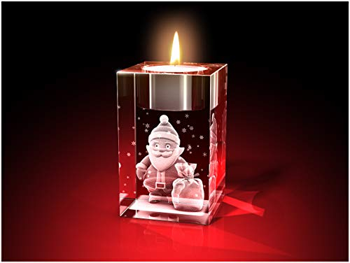GLASFOTO.COM, Weihnachten Teelichthalter, 50 x 80 x 50 mm, Kristallglas 3D Innengravur in Premiumqualität (50 x 80 x 50 mm Weihnachtsmann Teelicht)