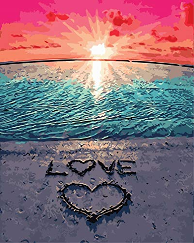 Awesocrafts Malen nach Zahlen Liebe Schild auf Strand, Sonnenuntergang Ozean 40x50cm DIY Ölgemälde für Erwachsene Kinder (ohne Rahmen)