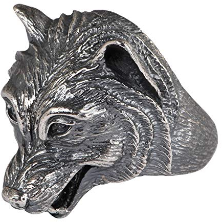Vintage Schwarz 925 Sterling Silber Wolf Kopf Ring Wolfsring für Herren Offen Verstellbar