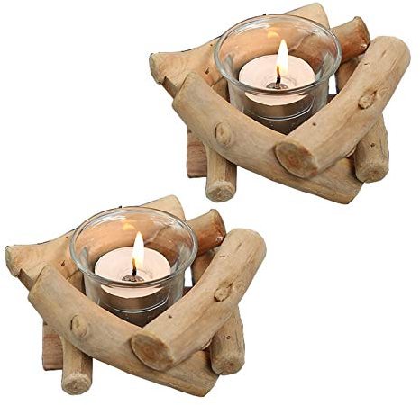 Sziqiqi Rustikale Kerzenständer Teelichthalter Holz 2er Set, Kerzenhalter Vintage mit Glas Tasse Windlicht Treibholz Deko Kerzenleuchter für Wohnzimmer Hochzeit Esstisch Tischdeko