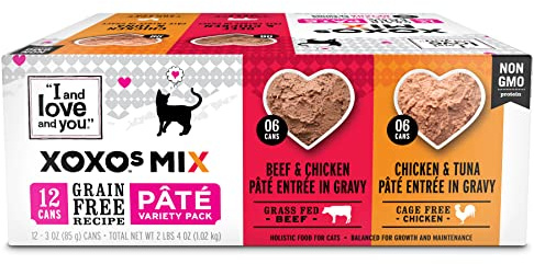 I and Love and You XOXOs Wet Cat Food - Chicken + Beef Pâté Variety Pack - Grain Free, Filler Free, 3oz Pack of 12 Cans