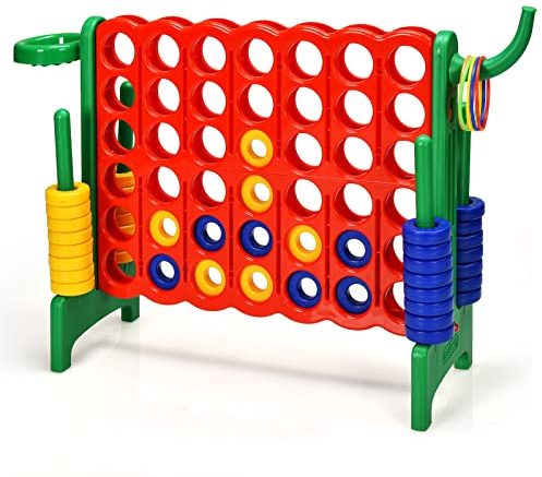 COSTWAY Giant Connect 4, 3-in-1 Indoor Outdoor Family Game with Basketball Hoop, Ring Toss, 42 Jumbo Rings, Quick-Release Slider, Four in A Row Game Set for Kids Adult (Green)