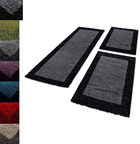 Carpettex Bettumrandung Schlafzimmer 3teilig Shaggy Teppich Hochflor Bordüre Muster Anthrazit Bettset:2 mal 60x110 + 1 mal 80x250 - Bettvorleger Schlafzimmer Läuferset Langflor Bettumrandung Teppich