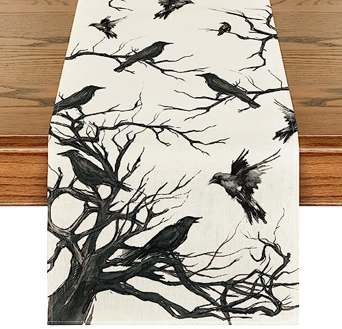 Artoid Mode Schwarz und Weiß Scherenschnitt Raben Baum Halloween Tischläufer, Herbst Küche Tisch Dekoration Drinnen Urlaub Party Dekor 40x140 cm