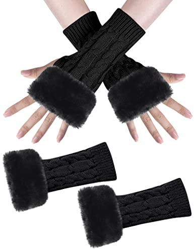 MELLIEX 1 Paar Damen Fingerlose Handschuhe, Winter Armstulpen Handschuhe Fingerlos Warm Plüsch Gestrickte Kurze Fäustlinge für Damen Mädchen(Schwarz)