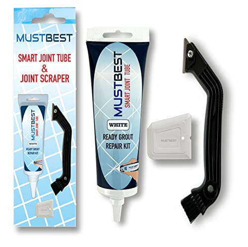 Mustbest Tile Kit de réparation de mortier et de réparation pour joints - Tube de remplissage et grattoir articulé - 13,4 oz - Blanc - Kit de réparation de mortier de carrelage à séchage rapide -
