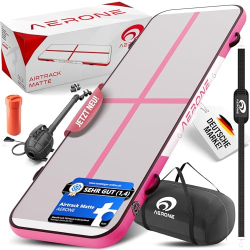 AERONE Airtrack Turnmatte Aufblasbar | Air Tracking Matte 3m [Zubehör Schultergurt Tragetasche Luftpumpe] Air Track für Turnen Gymnastik Zuhause Outdoor Pool | Pink