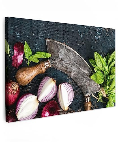 MuchoWow© Impression sur Toile Decoration Murale Peinture 60x40 cm Tableaux Decoratifs Muraux Déco Chambre Tableau Salon Légumes - Herbes - Couteau à berceau - Oignon - Epices - Rustique
