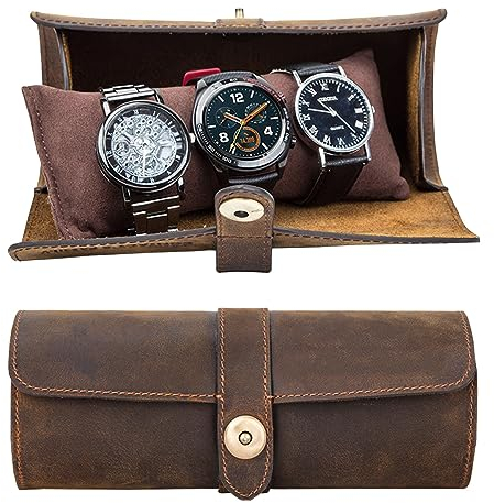 Acidea Echtes Leder Uhrenrolle Reiseetui, Uhrenetui für 3 Uhren, Uhrenbox Organizer für Herren, Leder 3-Uhren Rollkoffer für Armbänder, Uhrenaufbewahrung Organizer Herren Zubehör