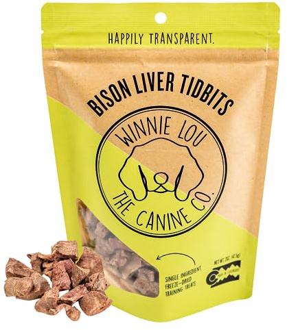 Winnie Lou Organic Dog Treats, Bison Liver Tidbits Jerky Human Grade Dog Treats for All Sized Breeds, All Natural Dog Treats with No-Added Sugar, Glycerin & Preservatives, Made in USA, 2.5 Oz (71g)