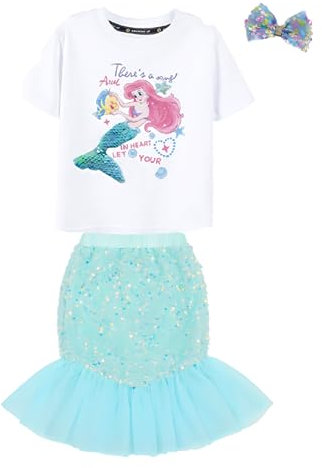 Fancyland Meerjungfrau Glanz Kostüm Mädchen- Meerjungfrau Flosse Glitzer Rock mit T-Shirt Pailletten Baumwolle Set Halloween Karneval (Blau-x, 110cm)