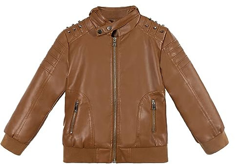Volunboy Kinder Lederjacke aus Kunstleder, Jungen Motorrad Lederimitat Mantel Jacke Stehkragen Bikerjacke mit Nieten(Braune Niete,5-6 Jahre,Größe 120)