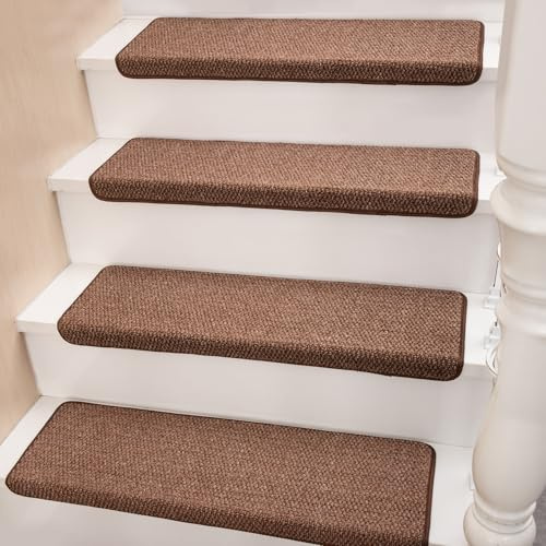 HOPEVIVA Juego de 7 peldaños para escaleras de madera para interiores, alfombras de sisal con punta redondeada, antideslizantes, autoadhesivas, para escalones, 9 x 29 x 2 pulgadas, color marrón