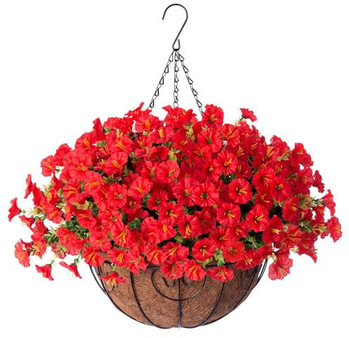 Ivydale Artificial Faux Hanging Flowers Plants Baskets for Outdoors Outside Spring Decoration, Fake Silk Red Morning Glory UV Resistant Look Real for Front Door Porch Patio Balcony Yard Garden Home