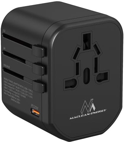 Maclean travel adapter, USB power adapter, 2xUSB 3A + USB-C PD 20W, 8A fuse, Quick and Fast Charge, 200 countries worldwide, MCE238N