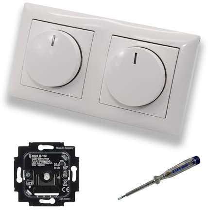 Busch Jäger 6523U-102 (2 Stück) LED Drehdimmer Dimmer + Dimmerscheiben 2115-914 in BalanceSi alpinweiß glänzend im 2-fach Rahmen inkl. EBROM Phasenprüfer zur Montage der Geräte 6523 U - 102