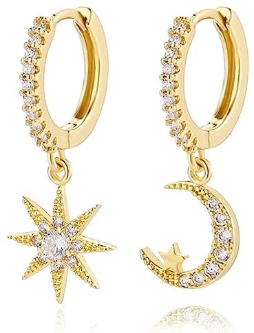 Moon Star Dangle Small Hoop Earrings Sterling Silver Round CZ Drop Dangling Earrings for Women Girls Gifts (Gold)