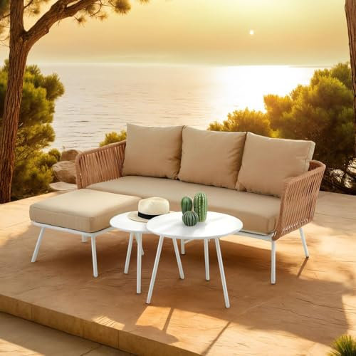 IDIMEX Gartenlounge Mykonos, weiß/beige - Balkon Lounge Sofa mit Dreisitzer, Hocker & Beistelltisch, Wasserabweisende Kissen, wetterfest für Balkon und Terrasse