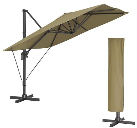 SONGMICS Sonnenschirm 290 x 290 cm, Ampelschirm, Gartenschirm, UV-Schutz UPF 50+, um 360° drehbar, Neigungswinkel verstellbar, mit Ständer, Befestigungsgurten und Abdeckung, lorbeergrün GPU039C69